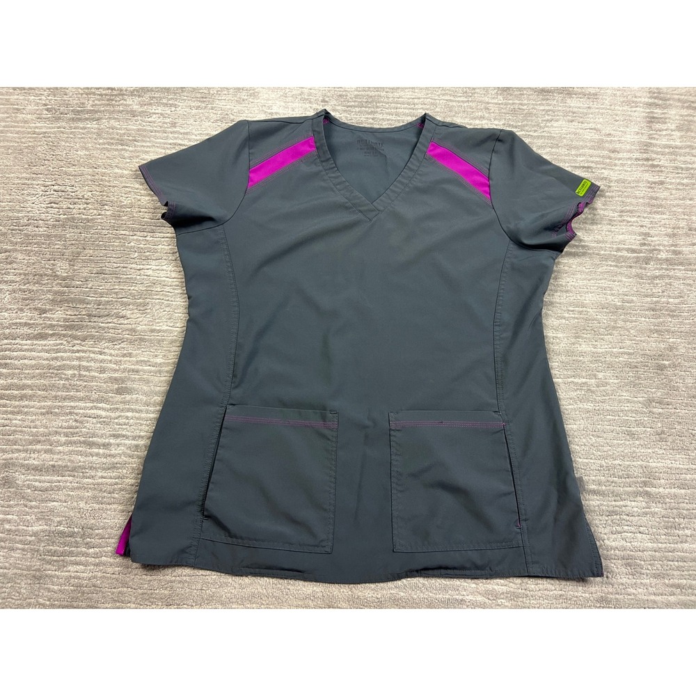 Med Couture Scrub Top Women L Gray Activate 8545 V-Neck 4-Way Stretch Pockets